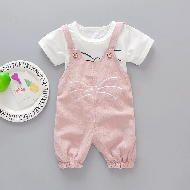 New Summer Baby Girl Clothes Suit Children Casual Short Sleeved T-Shirt Overalls 2Pcs/Set Toddler Costume Infant Kids Tracksuits