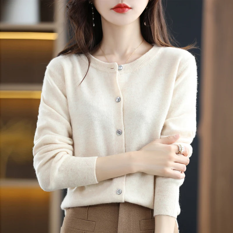 Spring and Autumn New Round Neck Knit Cardigan Women\'s Loose Button Sweater All-match Jacket Solid Color Basic Small Cardigan