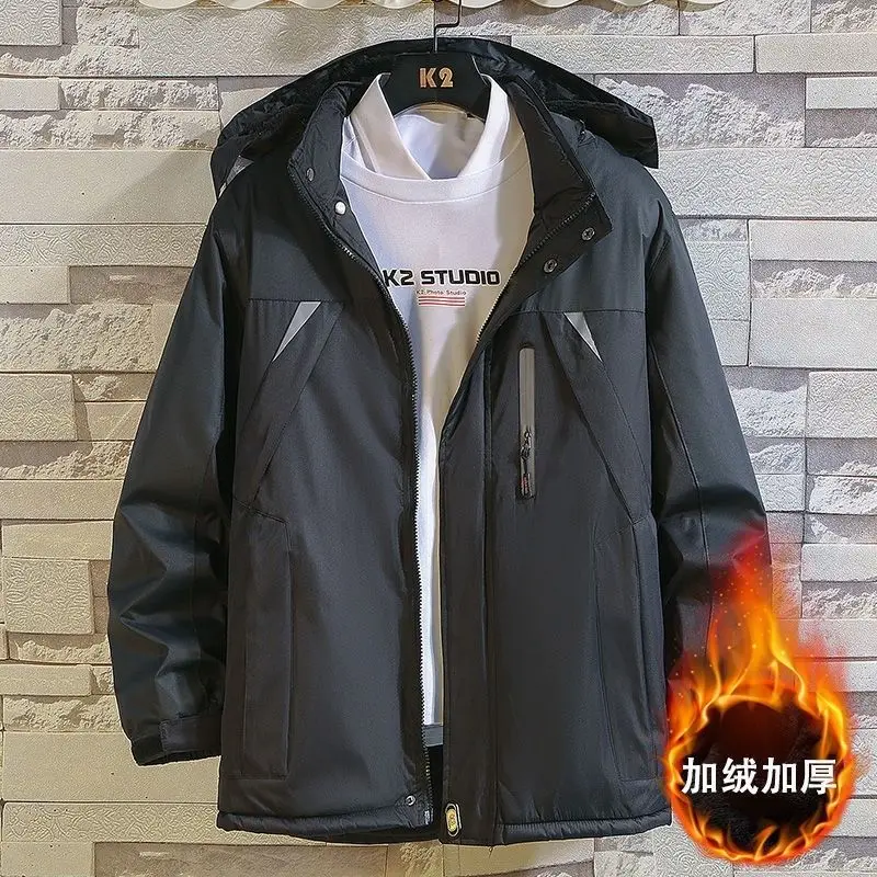 Men Warm Cotton-padded Clothes Fashion Reflective Stripe Hooded Casual Coat Fleece Mountaineering Ski Outdoor Removable Jackets