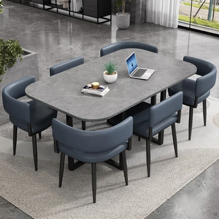 Luxury Unique Design Metal Iron Base Dining Tables and 6 Chairs Marble Rectangular Modern Cafe Dining Table Chair Sets