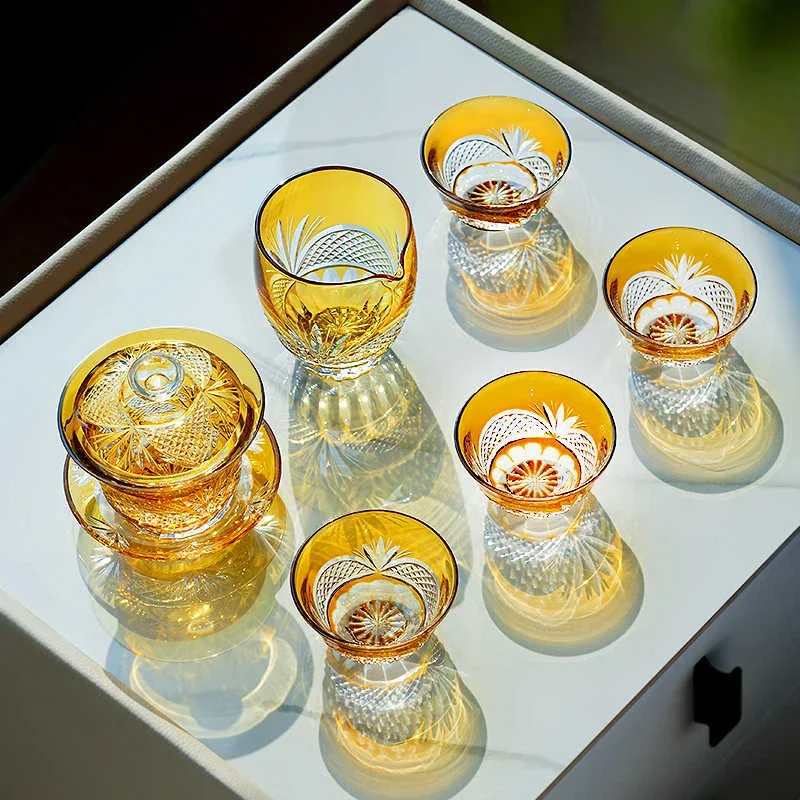 Handmade engraved kung fu tea s et amber light luxury crystal teacup gift box set