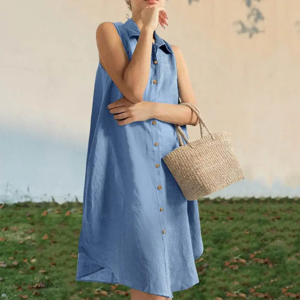 Women Solid Color Dress Loose Fit Shirt Dress Stylish Knee Length Midi Dress with Turn-down Collar Split Irregular Hem for Women