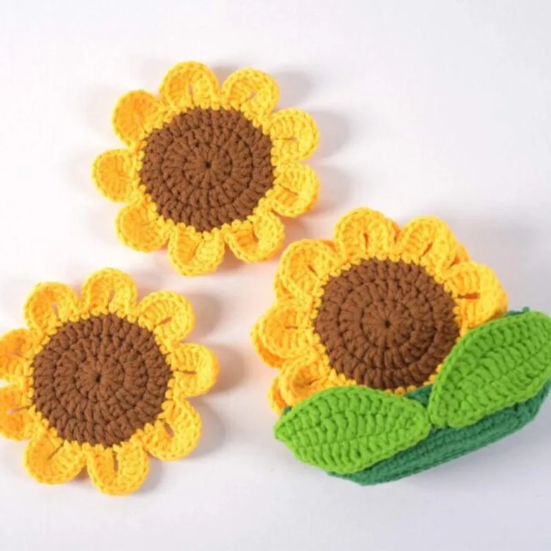 1PC Round Knitted Sunflower Coaster, Tea Coaster, Handmade Cup Craft Set, Kitchen Table Crocheting, Knitting Mat