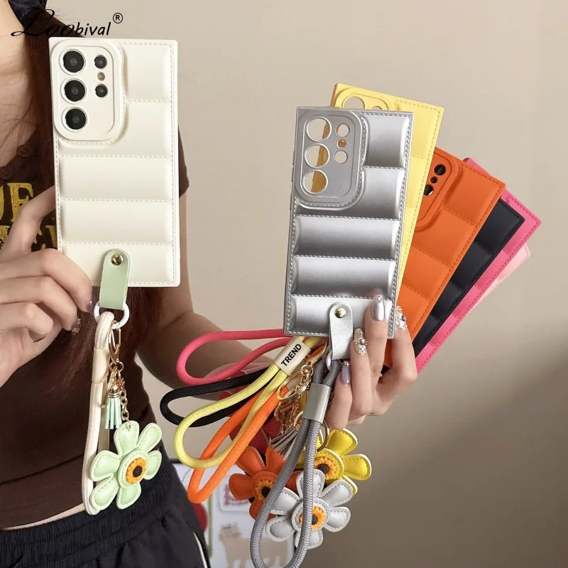 Ins Sonnenblumen-Daunenjacken-Schutzhülle mit Lanyard für Samsung Galaxy S25 S26 Ultra S23 S24 S22 Plus A55 A56 A16 A35 A15 mit Handschlaufe