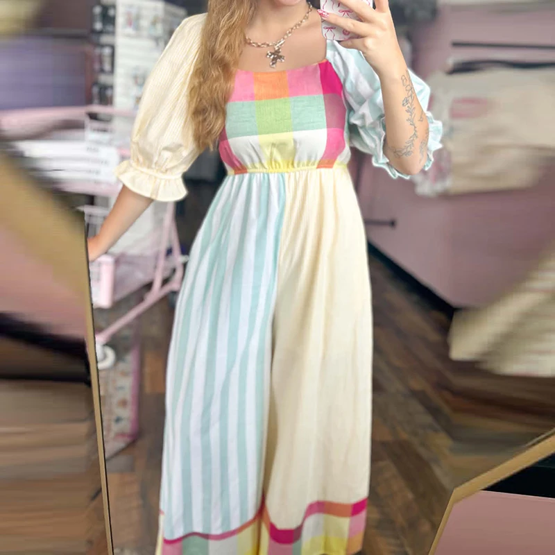 Casual Puff Half Sleeve Wide Leg Rompers Elegant High Waist Pleat Square Collar Playsuits Fashion Summer Colorful Print Jumpsuit