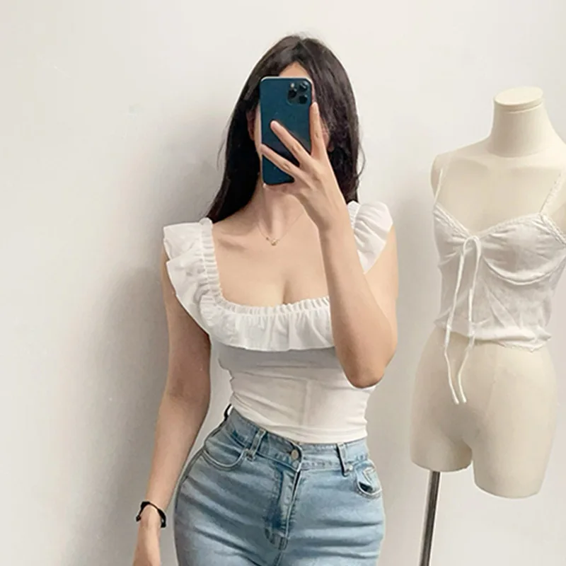Korea Sexy Body-Flattering Ruffled Off-Shoulder Square Neck Pure Desire Style Tight-Fitting T-Shirt Top Fashion Tees XC5K