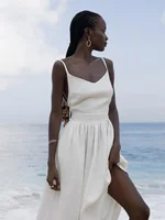 Bornladies Spring Summer Beach Style Women Dress Vintage Loose A-line Sling Dress Sexy Hot Girl 100% Cotton V-neck Dress - Image 6