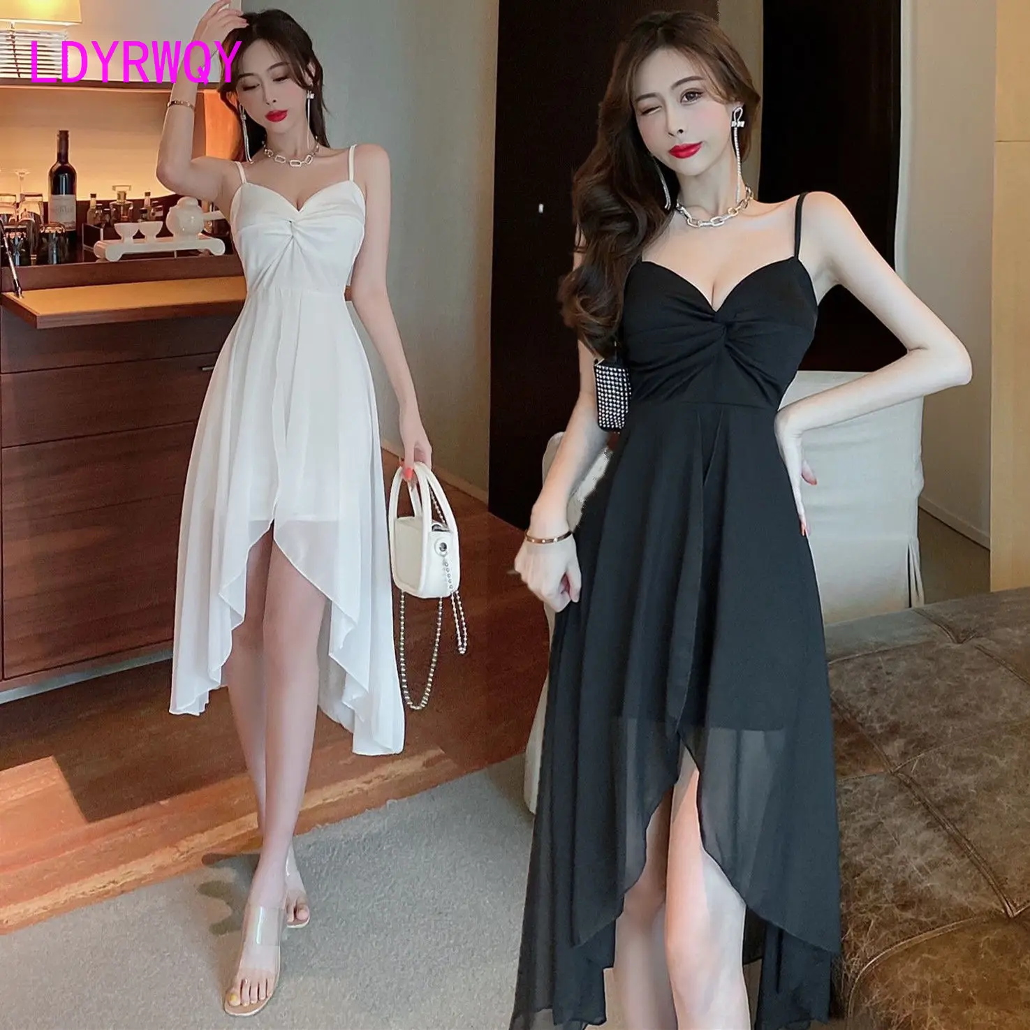 Slip skirt irregular chiffon panels, V-neck low-cut nipped-in waist dress, beach resort maxi dress