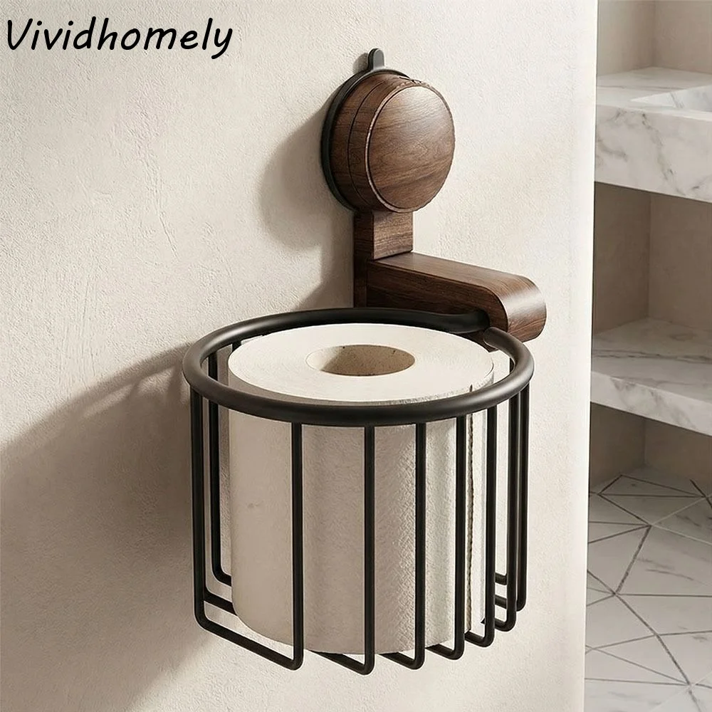 

Держатель для туалетной бумаги на присоске из орехового дерева, без перфорации, настенный, без сверления, корзина для туалетной бумаги, полка для хранения в ванной комнате