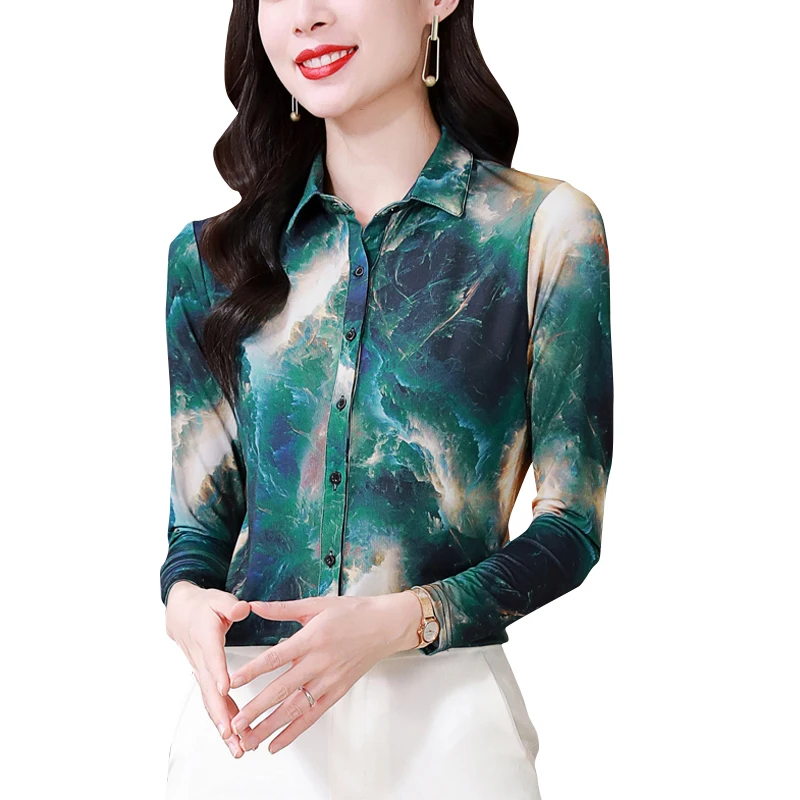 Fashion Elegant Women Silk Blouse 2024 Long Sleeve Chic Printed Slim Women Basic Tops Stretch Women Office Shirts Blusas Mujer