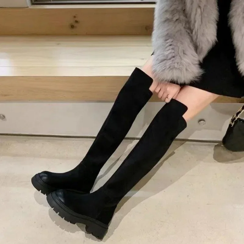 Women Flats Shoes Platform Pleated Chelsea Over The Knee Boots 2024 Winter Trend New Gladiator Suede Boots Goth High Sock Botas