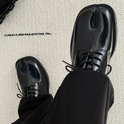 Mocasines de cuero CHMURY Tabi, zapatos Derby con punta abierta para hombres y mujeres, zapatos planos negros con cordones, zapatos planos de diseñador de cuero genuino grueso