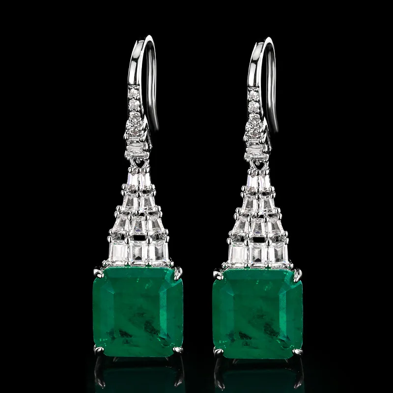 

Charms Luxury 10mm Square Emerald Paraiba Tourmaline Drop Earrings for Women Full Paved Crystal Wedding Party Jewelry Gift