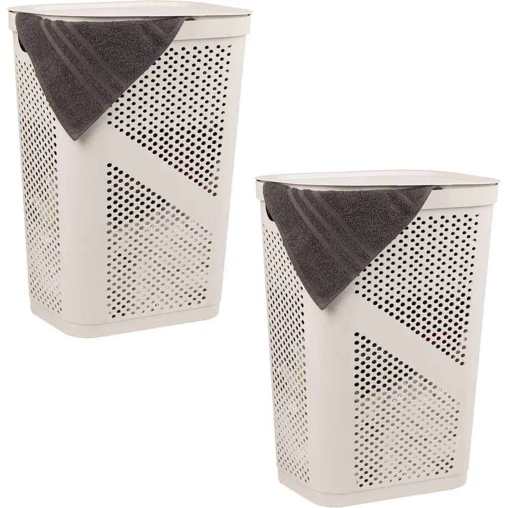 

Set of 2 Large 60L Slim Line Ventilated Plastic Laundry Hampers with Lid in Ivory