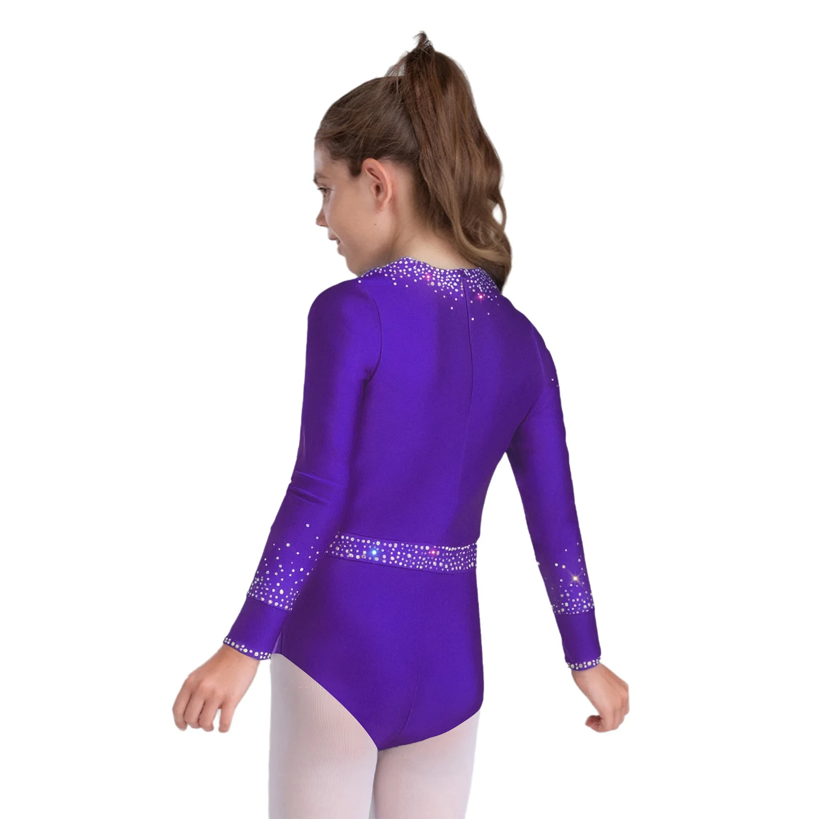 3 قطعة/المجموعة الاطفال الفتيات الجمباز ملابس رقص الباليه طاقم الرقبة طويلة الأكمام انقطاع الجبهة لامعة الراين يوتار + السراويل + أغطية الرأس #4