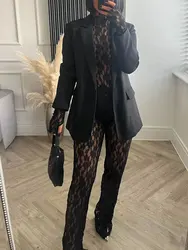 HH Women's Summer Fashion Sexy Lace Suits Black O Neck Tight Bodysuits + Bodycon Hollow Out High Street Female Leggings