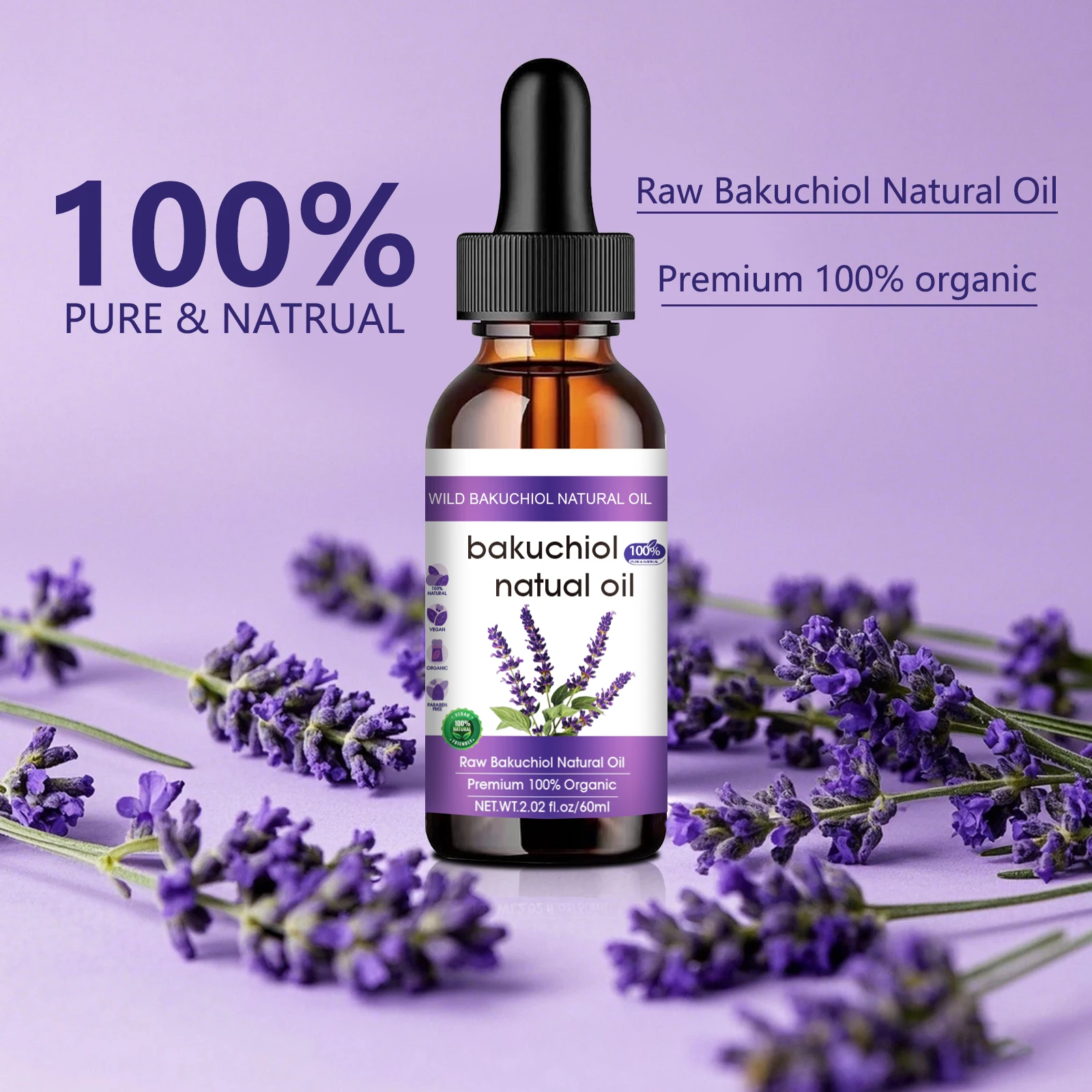 60ml Natrual Bakuchiol & Lavender Facial Oil Natural Anti-Aging Face Oil for Glowing Skin Lavender Essential Oil