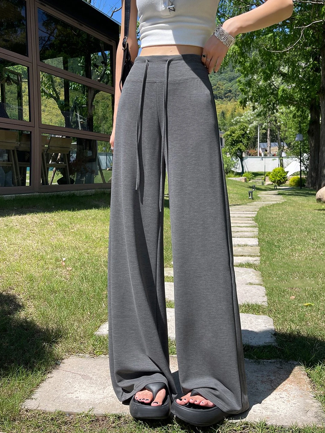 

Korean Style Women's Wide Leg Pants Summer Thin Casual Loose BF Lazy High Waist Slim Straight Casual Pants Draping Effect