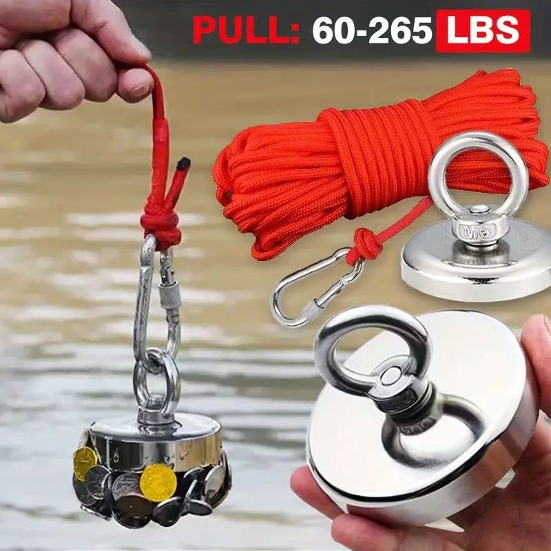 Ultra-Strong 32mm Neodymium Fishing Magnets, with Hanging Ring & Rope - Perfect for River, Deep Sea & Lake Rescue Fishing Kit