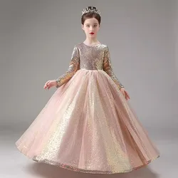 Little Girls Long Sleeve Formal Dress Children Sequin Tulle Evening Party Gown Kids Birthday Dress Winter Christmas Pageant