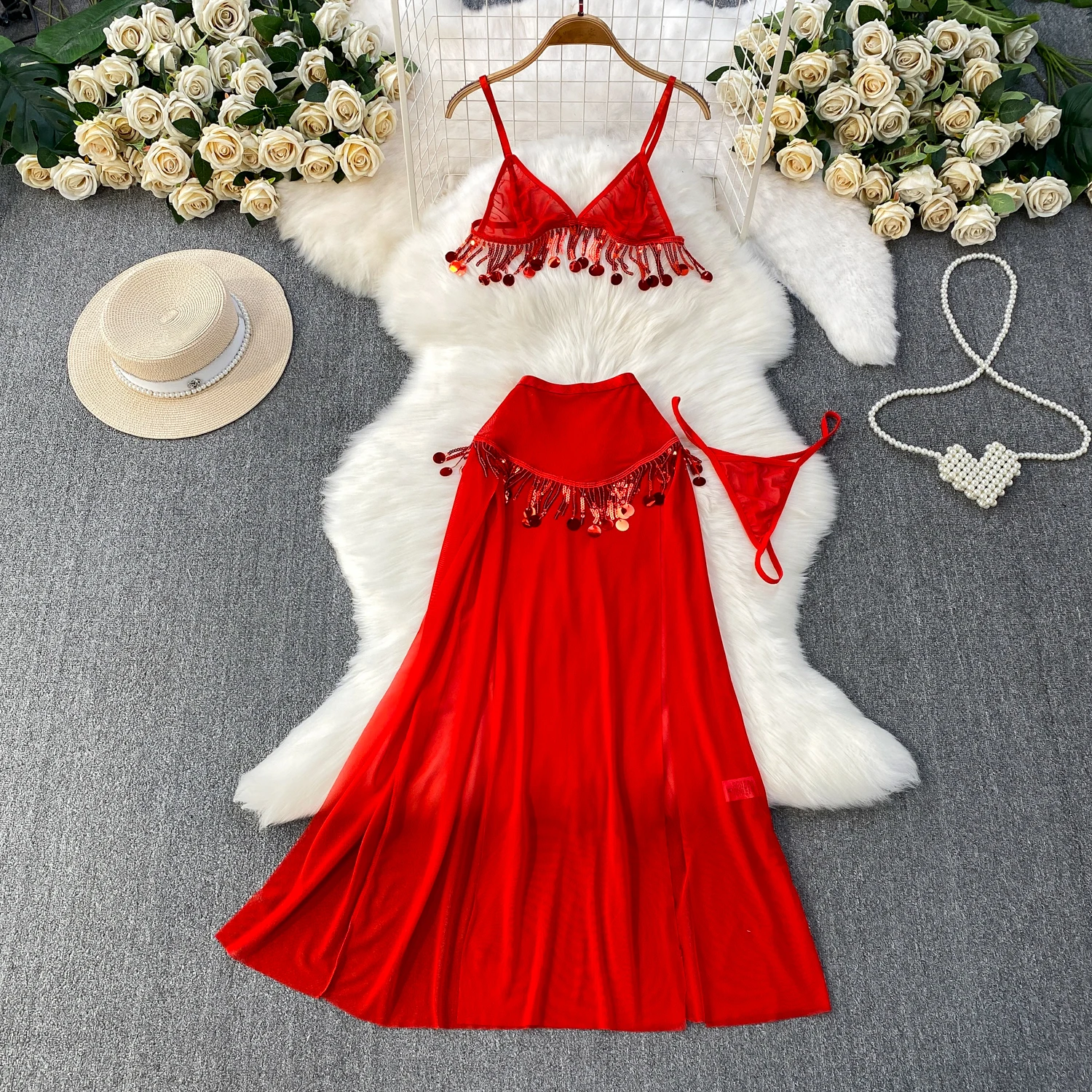 

Женский пляжный праздничный стиль, комплекты бикини, женский наряд Hotsweet, тропический сексуальный костюм с кисточками, женский костюм с блестками и кисточками, с разрезом для свиданий, ночное белье