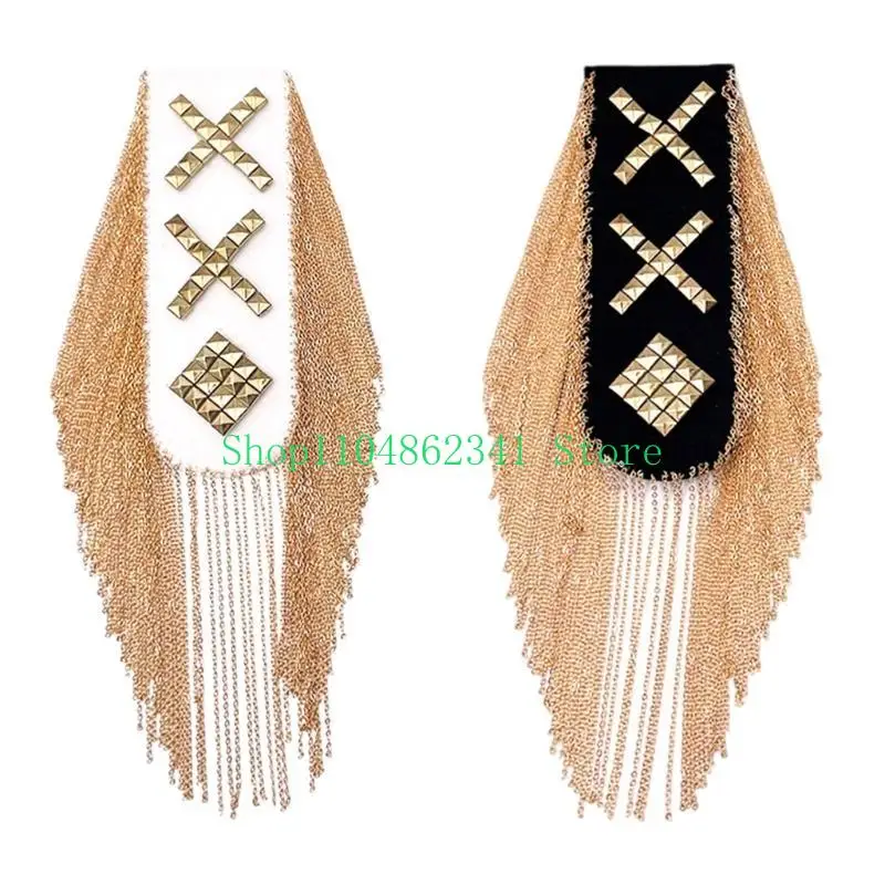 

5asd Punk Fringed Chain Shoulder Badges Epaulet with Rivet Studded for Formal Outfit