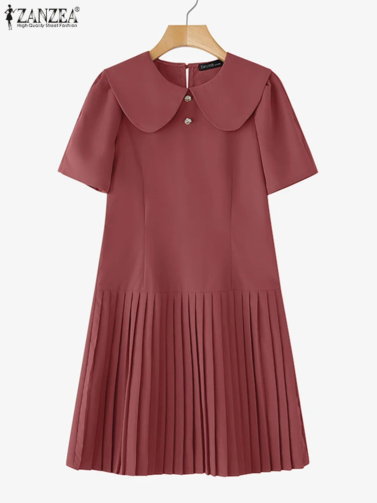 ZANZEA Zomer Mini Jurk Vrouwen Peter Pan Kraag Korte Mouw Effen Kleur Zonnejurk Geplooide Party Vestido 2025, Fashion Casual Gewaad