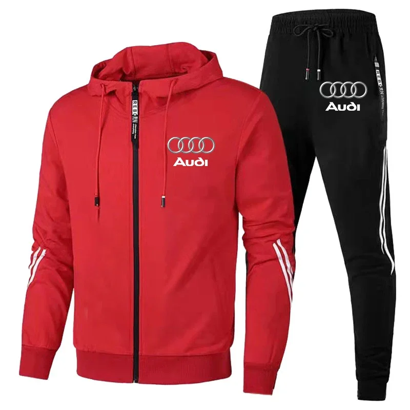 Herfst Winter Heren Audi Auto Logo Print Trainingspak Mannen Rits Hoodie + Broek 2-delige set Casual Gym Fitness Jogging Sportkleding Pakken