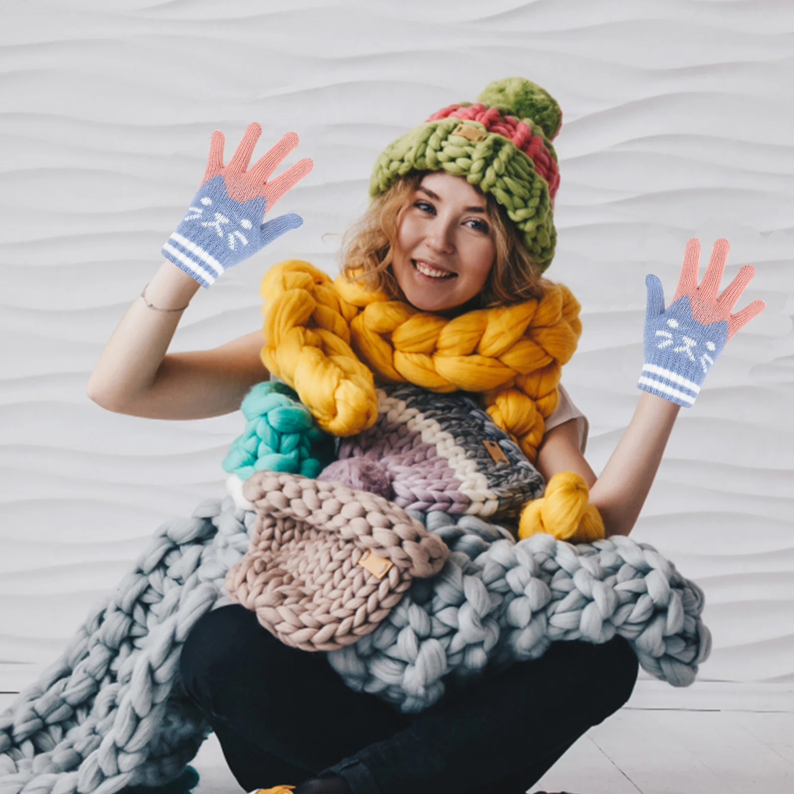 

6Pairs Kids Knit Gloves Winter Warm Gloves Outdoor Children Mitten Elastic Warm Hand Protection Kitten Pattern Design