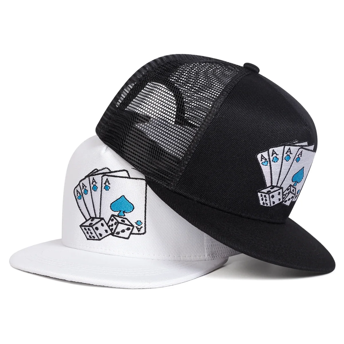 Unisex Poker-Karten-Stickerei Hip-Hop Netzhüte Frühling Sommer Outdoor Verstellbare Freizeit-Baseballkappen Sonnenschutz-Hut Sportkappe