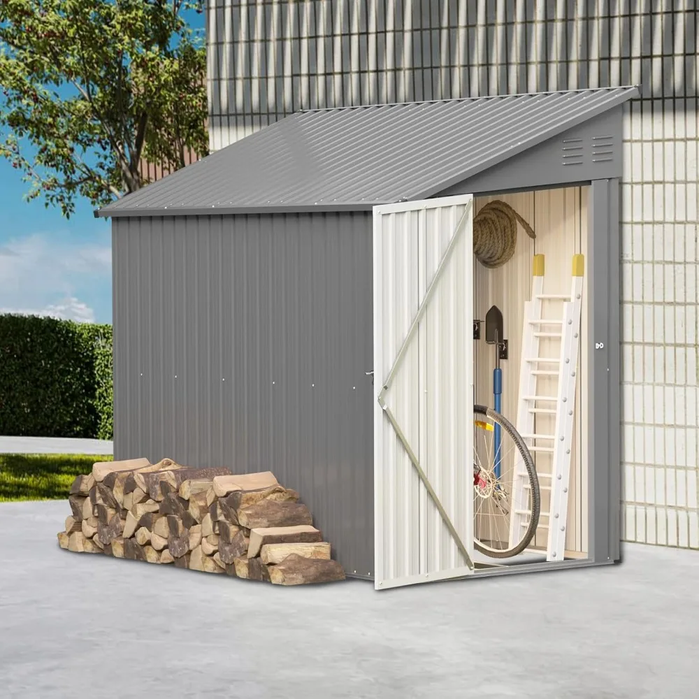 

4x8 Ft Outdoor Metal Lean to Storage Shed - Garden Cabinet for Backyard & Patio, Gray