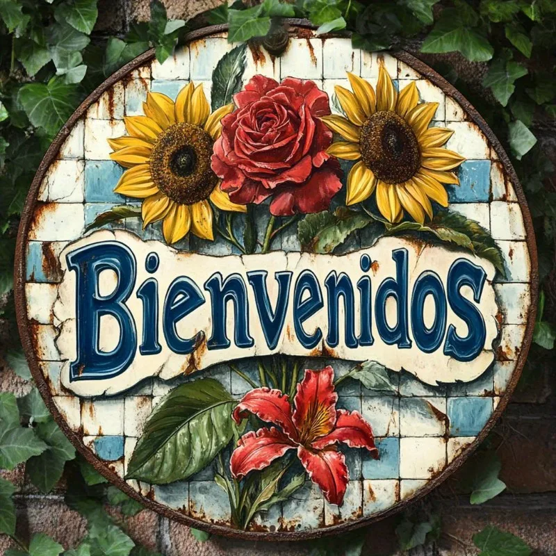 Bienvenidos Welcome Sign, Aluminum Metal Foil Engraved Round Wall Decor, Spanish Theme Wreath for Home, Office, Christmas Gifts