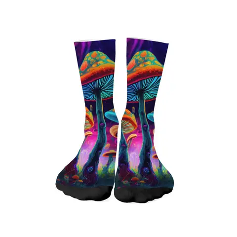 Unisex Trendy Fashion Cyber Color Psychedelic Mushroom Crew Socks Futuristic Colorful Print Socks for Cyber Style & Casual Wear