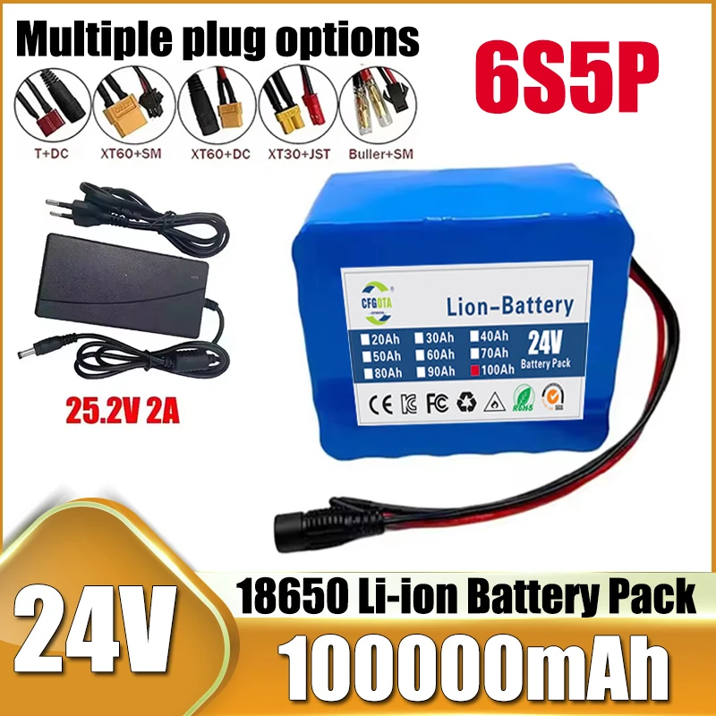 Multiple socket options, 6S5P 18650 lithium-ion battery pack and 2A charger, 24V 100Ah, quality battery