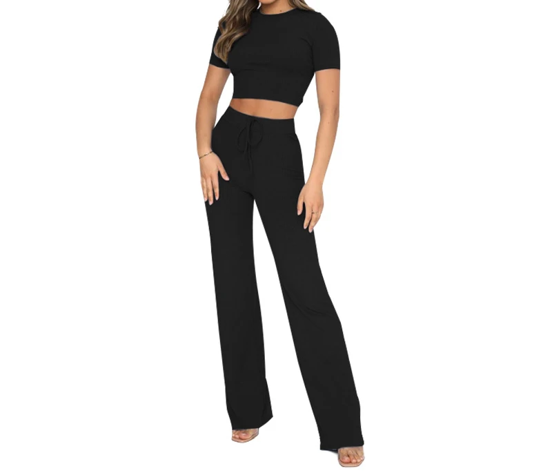 New Fashion Casual Suit Women's Solid Color High Elastic Body Shaping Short Sleeve Pit Strip Wide Leg Pants Two-piece Set Lady