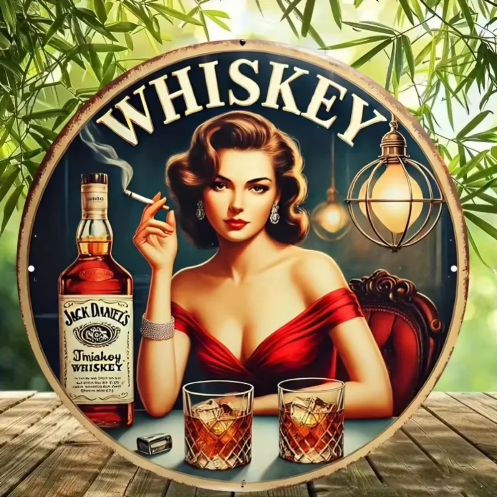 لوحة صفيح "علامة معدنية مسطحة ثنائية الأبعاد "ويسكي" عتيقة - ديكور بار قديم، يتميز سيدة أنيقة بفستان أحمر #6