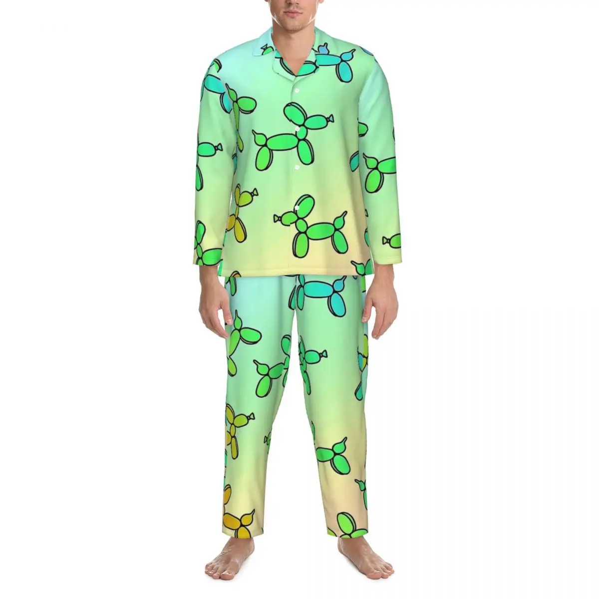 Bunter Ballon-Hunde-Druck-Pyjama für Herren, trendige Heim-Nachtwäsche, Frühling, 2-teiliges Pyjama-Set im Retro-Oversize-Design