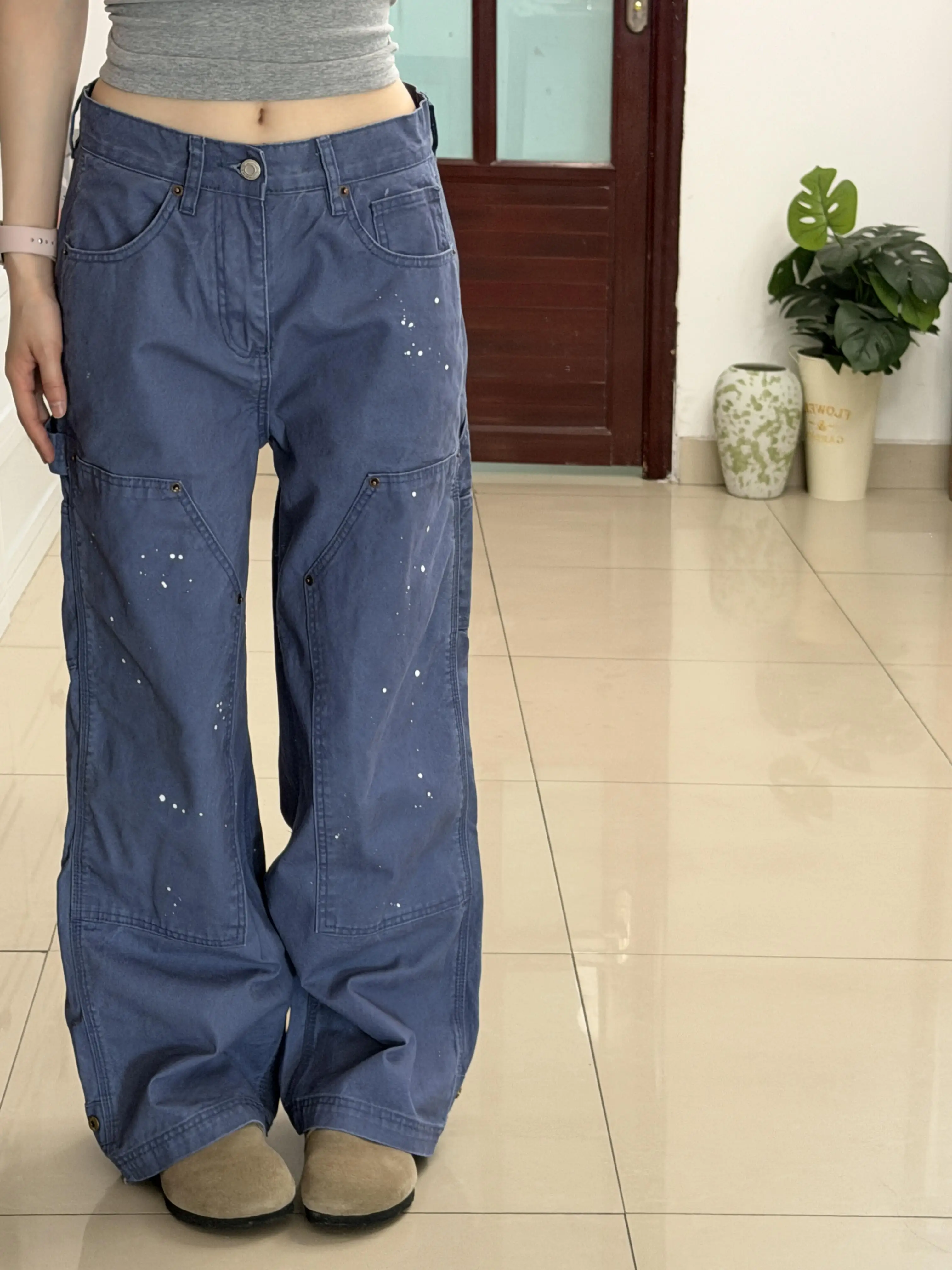 American High Street Splashed Ink Double Knee Work Trousers Men Straight CleanFit Heavy Water Wash Blue Vintage Logging Work ...