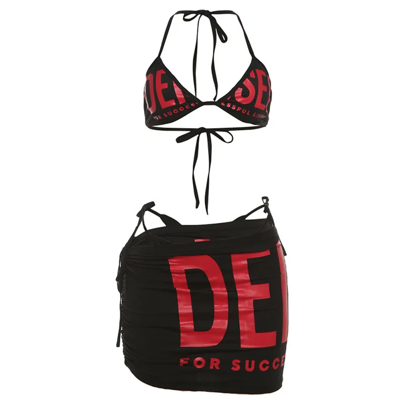 Y2K Summer Sexy High Street Fashionable Harajuku Open Back Slim Bikini CONTRAST COLOR Letter Print Neck Hanging Bikini Set
