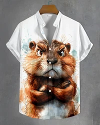 Funny Animal Pattern Men's Shirts Short Sleeve Button Down Lapel Shirts For Summer Oversized Tops Casual Hawaiian Shirt