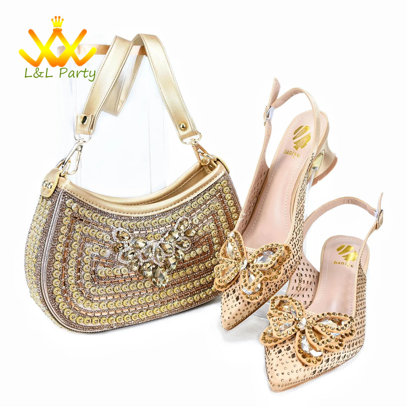 

High Quality 2024 Summer New Design in Gold Color Classics Style Italian Women Shoes and Bag Set with Crystal for Wedding Party