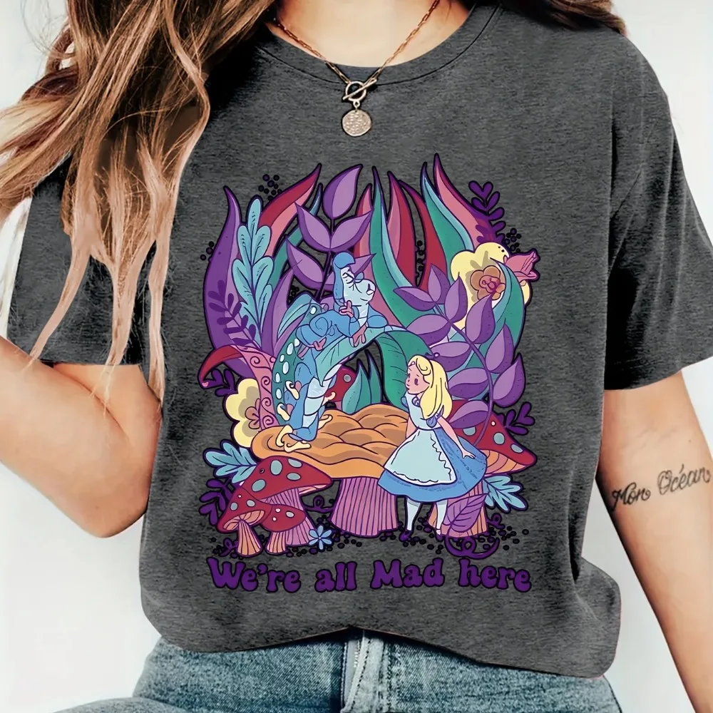 

Women'S Alice in Wonderland We're All Mad Here Graphic Tee Vibrant Floral Character Design Short Sleeve Crew Neck Lightweight