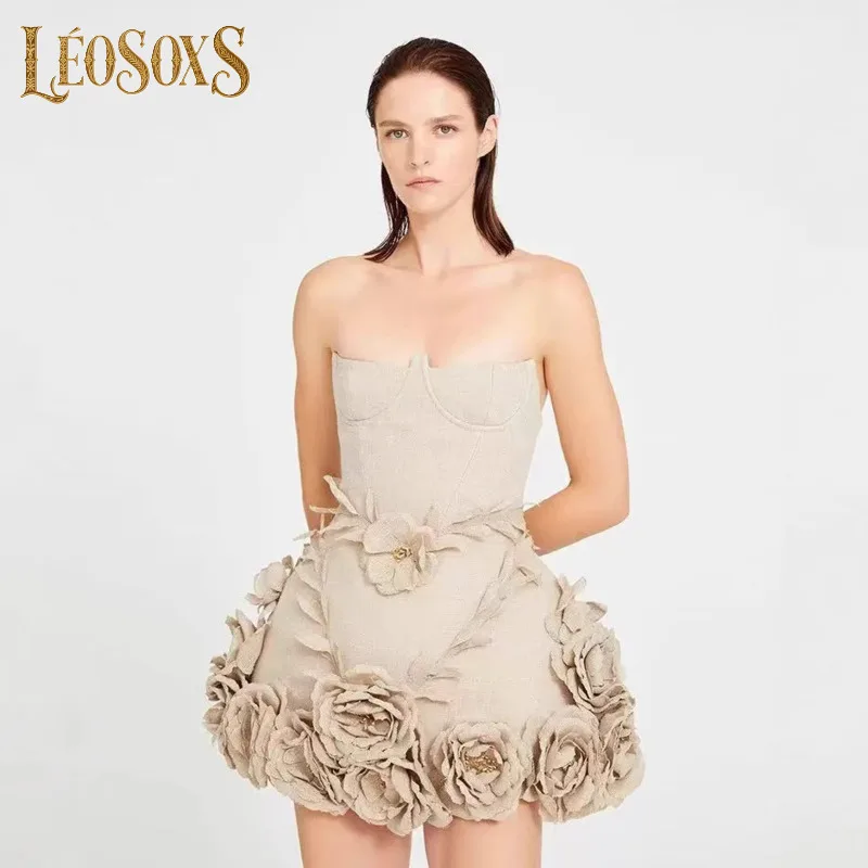 

LEOSOXS 2025 New Summer Women Summer Celebrity Sexy Strapless Flowers Khaki Midi Bodycon Dress Elegant Evening Club Party Dress