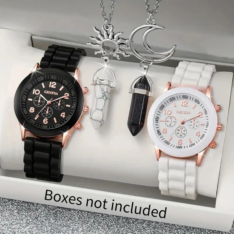 Geneva Couple Watch Set Silicone Band Men Women Quartz Wristwatch Sun Moon Pendant Necklace Jewelry Set