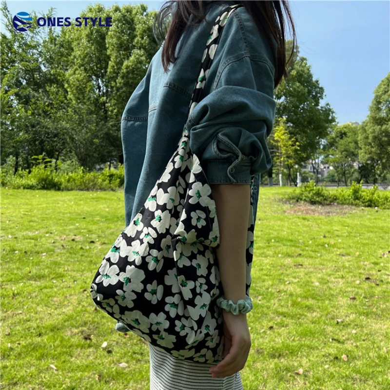 

Sweet Green Department Printing Flower Shopping Bag Women'S Bag 2024 Pastoral Floral Canvas Handbag Niche Lazy Wind