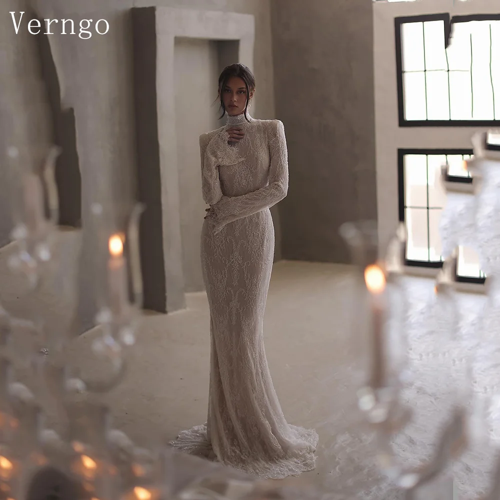 Verngo lvory Lace Wedding Dresses High Neck Full Sleeves Bridal Gowns Women Sweep Train Bride Dresses Customized