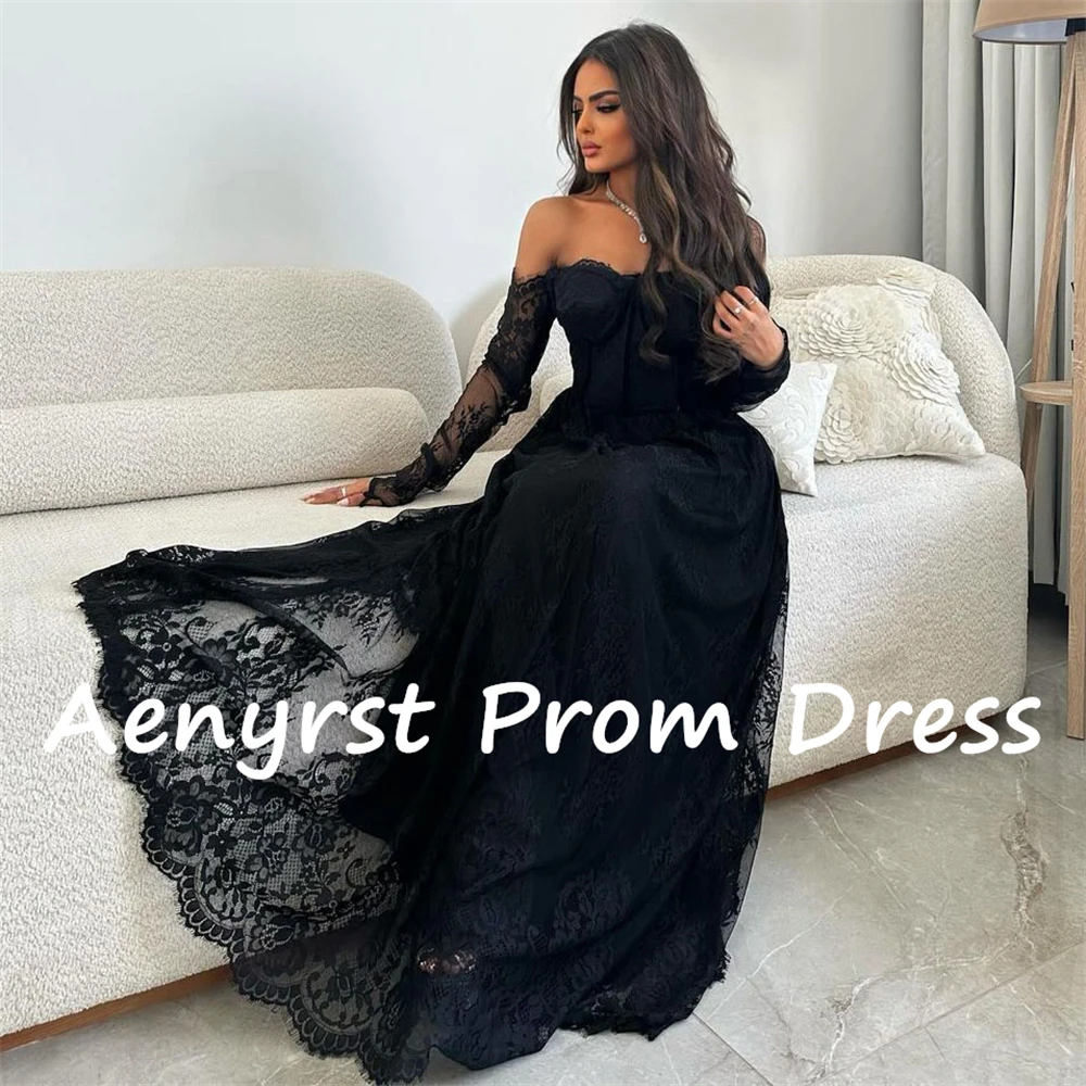 Aenyrst Black Sweetheart Lace Saudi Evening Dresses  A Line Long Sleeves Prom Gowns Floor Length Dinner Party Dress customized