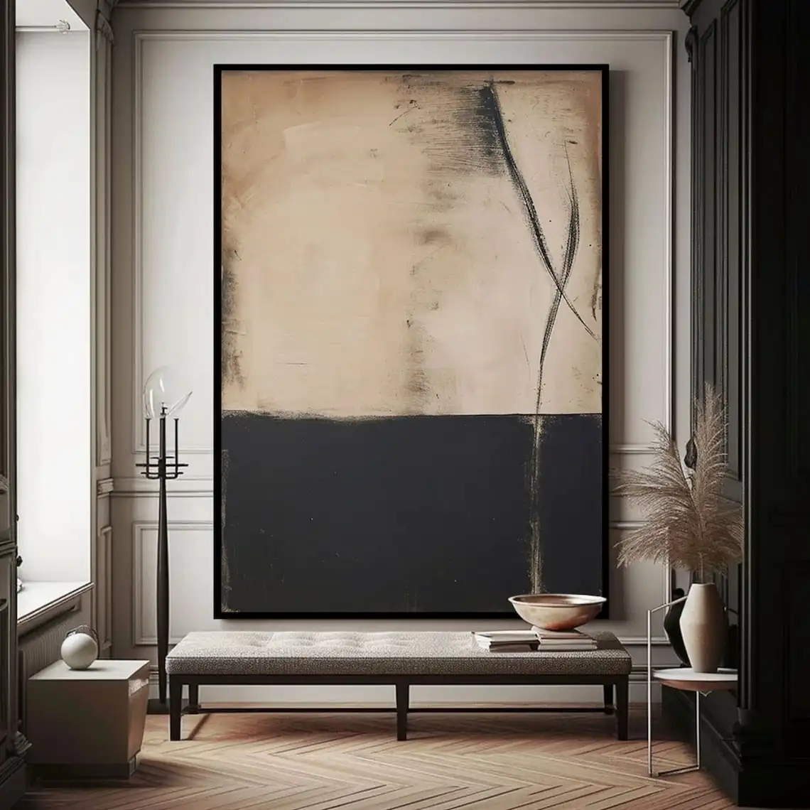 Mhemyo بيج Wabi-Sabi جدار الفن أسود بيج مجردة رسمت باليد اللوحة القرون الوسطى الملمس اللوحة السوداء الحد الأدنى جدار ديكور