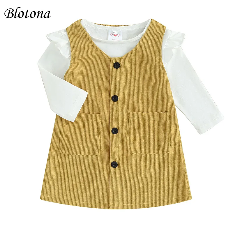 

Blotona Baby Girls 2 Piece Outfits Solid Color Ruffled Long Sleeve Romper and corduroy Button Tank Dress Fall Spring Clothes