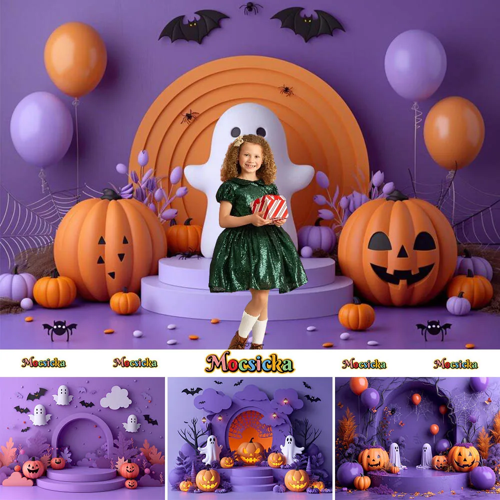 Mocsicka Photography Background Halloween Cute Pumpkin Ghost Bat Holiday Decoration Kids Party Photo Backdrop Studio Props